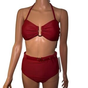 Nicole Miller New York Red Bikini Set‎ High Waisted Belted Halter Top Size M